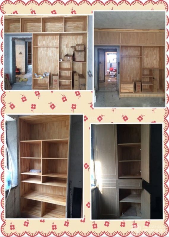 跟之前图纸设计得稍微有点出入，因为考虑到门槛比较低，撤销了门那里的吊柜，内部增加了一个保险柜。值得一提的是，木工师傅特地做了一个收纳格，这个特费手工，还加上后期的打磨。相信喷上油漆之后一定更美。做了两个柜子，一个大衣柜，一个小衣柜。亮点就是左下角的抽屉柜，可以放置一些贵重物品，我觉得我们家特漂亮的就是柜门，妈妈很有心的在每块门板上加了木条做造型。让平淡无奇的门板提升一个档次。后期加上白色油漆和门把手会更加漂亮。