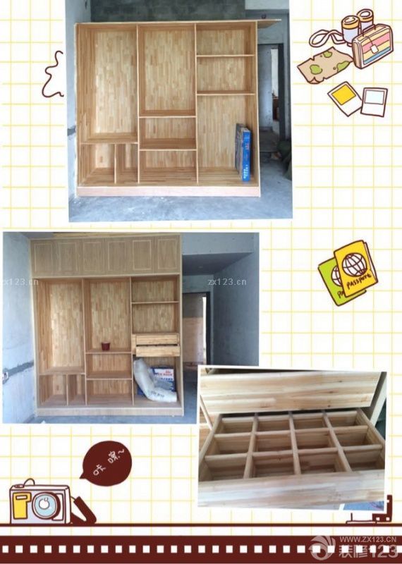 跟之前图纸设计得稍微有点出入，因为考虑到门槛比较低，撤销了门那里的吊柜，内部增加了一个保险柜。值得一提的是，木工师傅特地做了一个收纳格，这个特费手工，还加上后期的打磨。相信喷上油漆之后一定更美。做了两个柜子，一个大衣柜，一个小衣柜。亮点就是左下角的抽屉柜，可以放置一些贵重物品，我觉得我们家特漂亮的就是柜门，妈妈很有心的在每块门板上加了木条做造型。让平淡无奇的门板提升一个档次。后期加上白色油漆和门把手会更加漂亮。