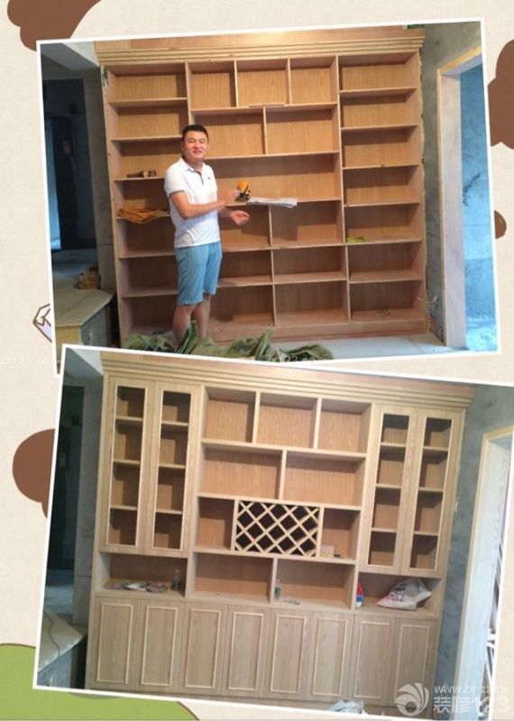 跟之前图纸设计得稍微有点出入，因为考虑到门槛比较低，撤销了门那里的吊柜，内部增加了一个保险柜。值得一提的是，木工师傅特地做了一个收纳格，这个特费手工，还加上后期的打磨。相信喷上油漆之后一定更美。做了两个柜子，一个大衣柜，一个小衣柜。亮点就是左下角的抽屉柜，可以放置一些贵重物品，我觉得我们家特漂亮的就是柜门，妈妈很有心的在每块门板上加了木条做造型。让平淡无奇的门板提升一个档次。后期加上白色油漆和门把手会更加漂亮。