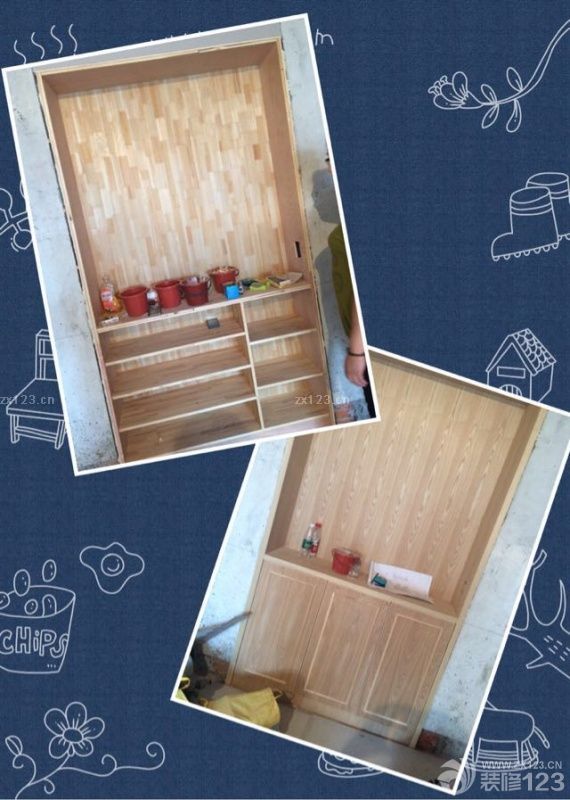 跟之前图纸设计得稍微有点出入，因为考虑到门槛比较低，撤销了门那里的吊柜，内部增加了一个保险柜。值得一提的是，木工师傅特地做了一个收纳格，这个特费手工，还加上后期的打磨。相信喷上油漆之后一定更美。做了两个柜子，一个大衣柜，一个小衣柜。亮点就是左下角的抽屉柜，可以放置一些贵重物品，我觉得我们家特漂亮的就是柜门，妈妈很有心的在每块门板上加了木条做造型。让平淡无奇的门板提升一个档次。后期加上白色油漆和门把手会更加漂亮。