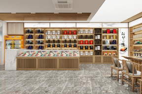 杭州烟酒店前台背景墙展架装修设计效果图