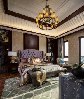  新中式卧室装修图片大全  卧室床尾凳效果图 