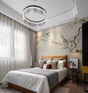 新中式风格样板间卧室背景墙图片