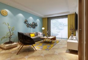 现代简约客厅背景墙效果图 客厅蓝色墙面装修效果图